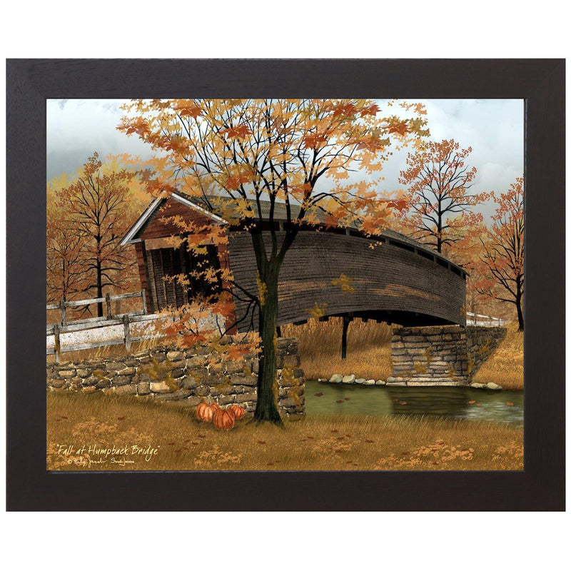 Framed fall landscape art by Sarah Jacobs. Arched country bridge over a small river, surrounded by orange trees, pumpkins, and brown autumn grass.