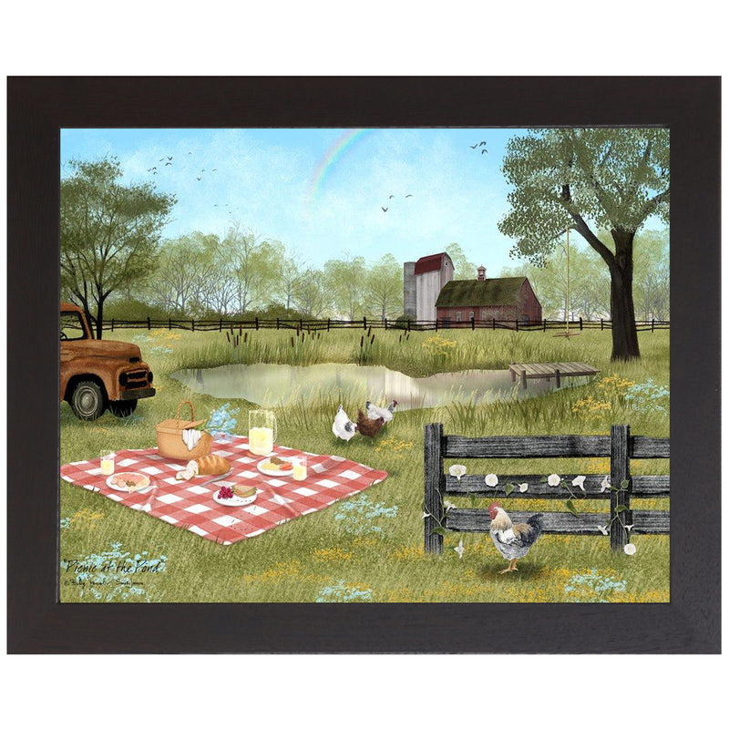 Framed country wall art by Sarah Jacobs. Orange vintage pickup near a pond with chickens, wildflowers, and a barn in the background. "Picnic at the Pond."