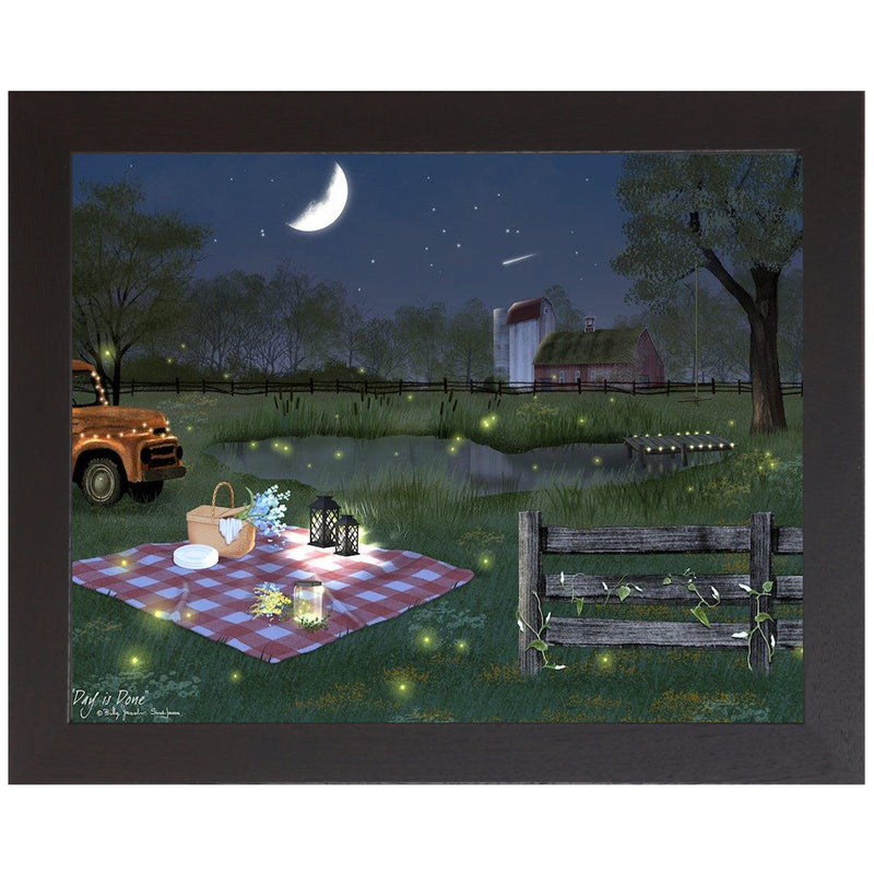 Framed art by Sarah Jacobs. Night scene with a glowing moon, fireflies, orange vintage truck with string lights, and lantern-lit picnic by a pond.