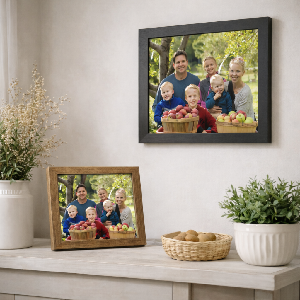 Custom photo framing service showing a large black framed family photo on a living room wall and a small natural brown framed family photo on an easel on a console table below