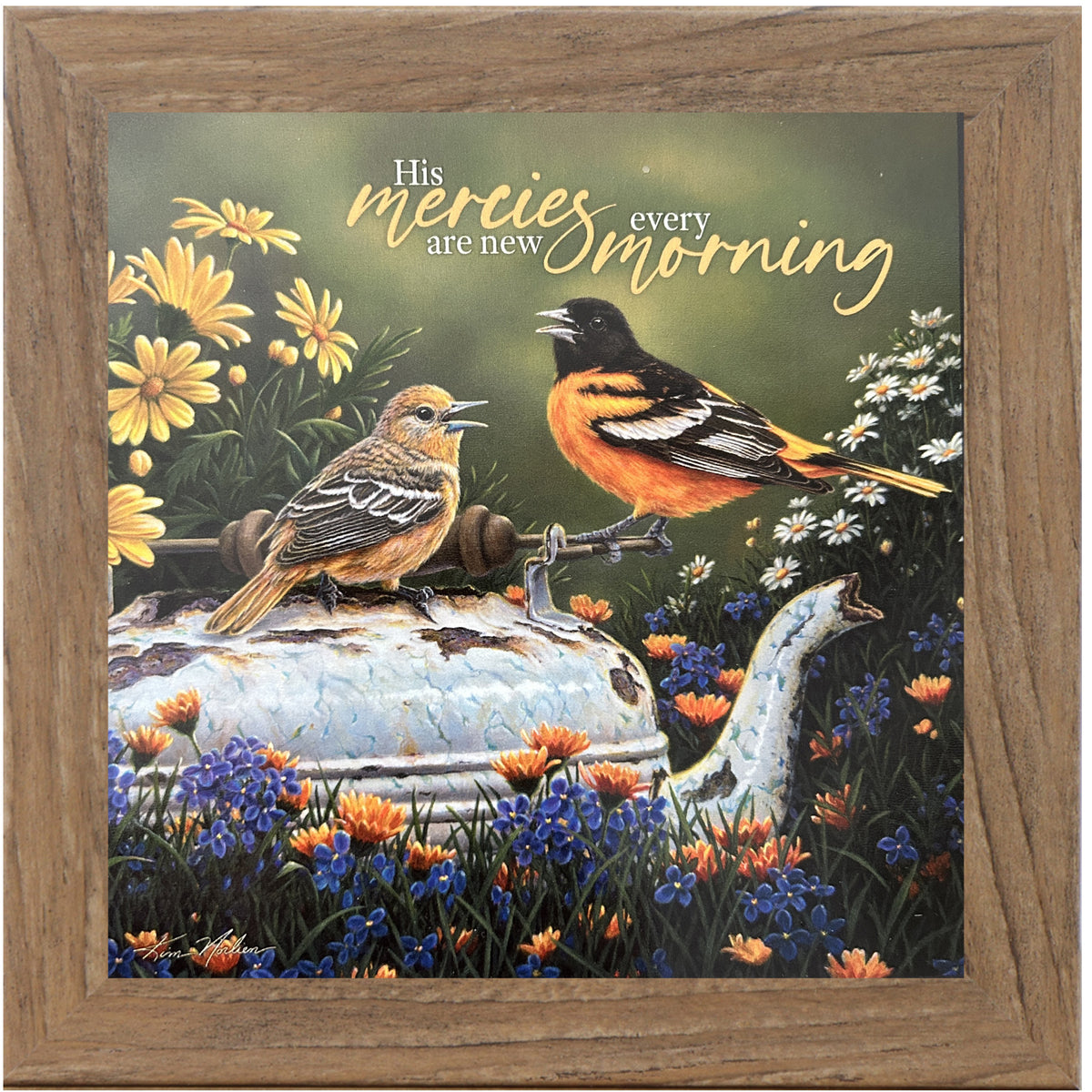 8x8 framed Christian bird art with two birds on an antique pot, surrounded by flowers. Quote reads “His Mercies Are New Every Morning.”