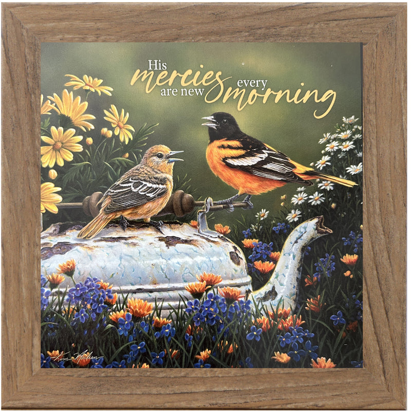 8x8 framed Christian bird art with two birds on an antique pot, surrounded by flowers. Quote reads “His Mercies Are New Every Morning.”