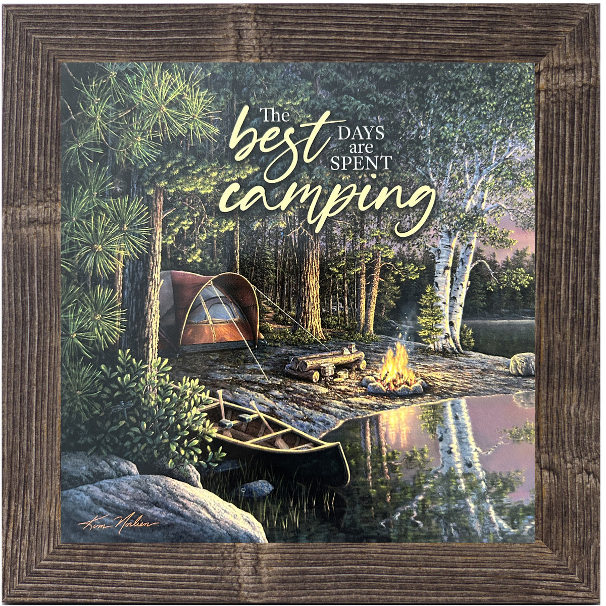 8x8 framed camping art with tent, canoe, and campfire on lake shore. Sunset over water with pine trees. Text reads “The Best Days Are Spent Camping.”