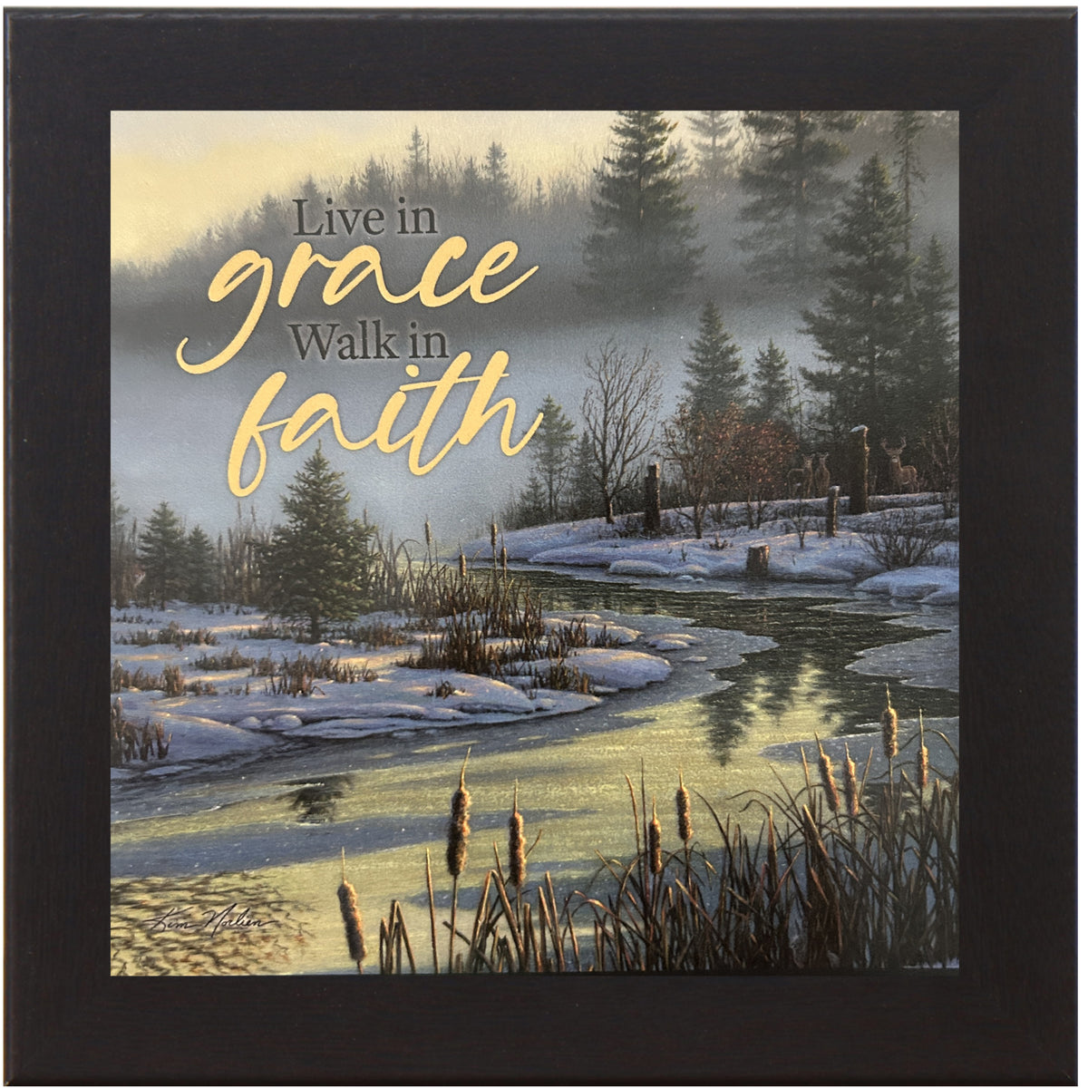 Framed winter art by Kim Norlien featuring deer near a snowy creek with cattails and the quote “Live in Grace, Walk in Faith” – 8x8 exclusive