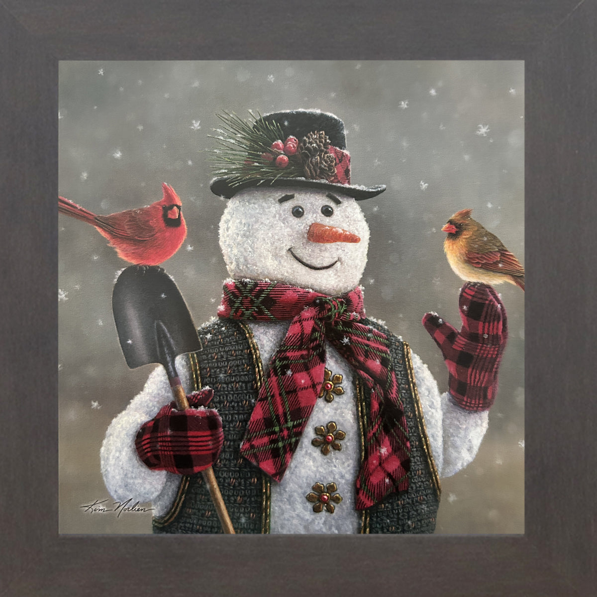 Snowman holding a shovel with a male and female cardinal perched on each hand – winter wall art by Kim Norlien titled “Cardinal Watch”