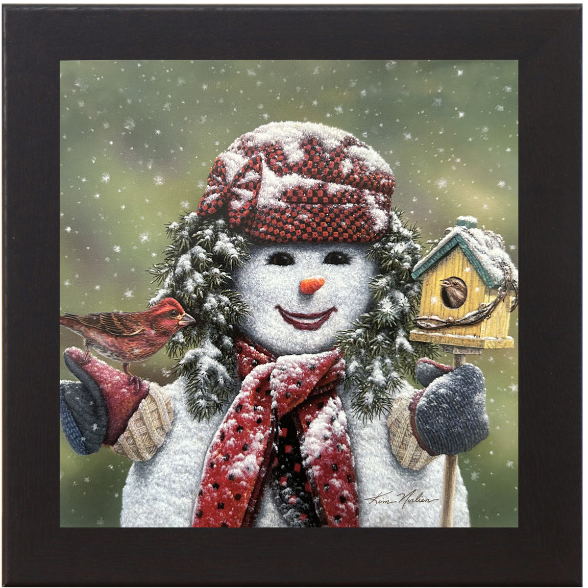 Kim Norlien winter snowwoman with a red cardinal, birdhouse, and scarf – framed 8x8 wall art titled “Snow Sisters”
