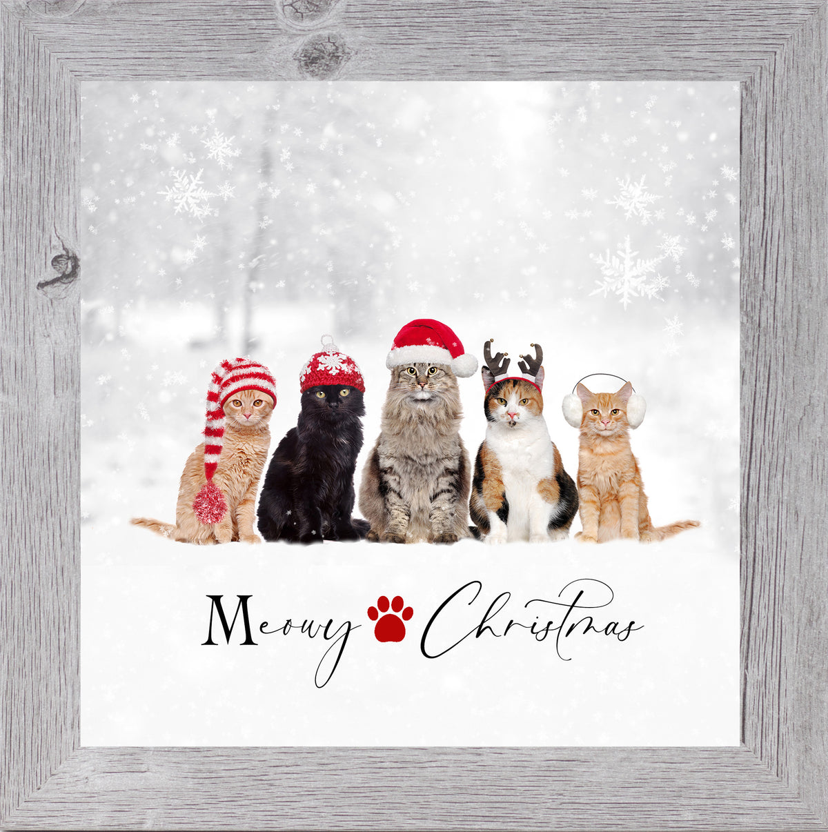 Meowy Christmas cat art with festive winter hats – framed holiday gift for cat lovers