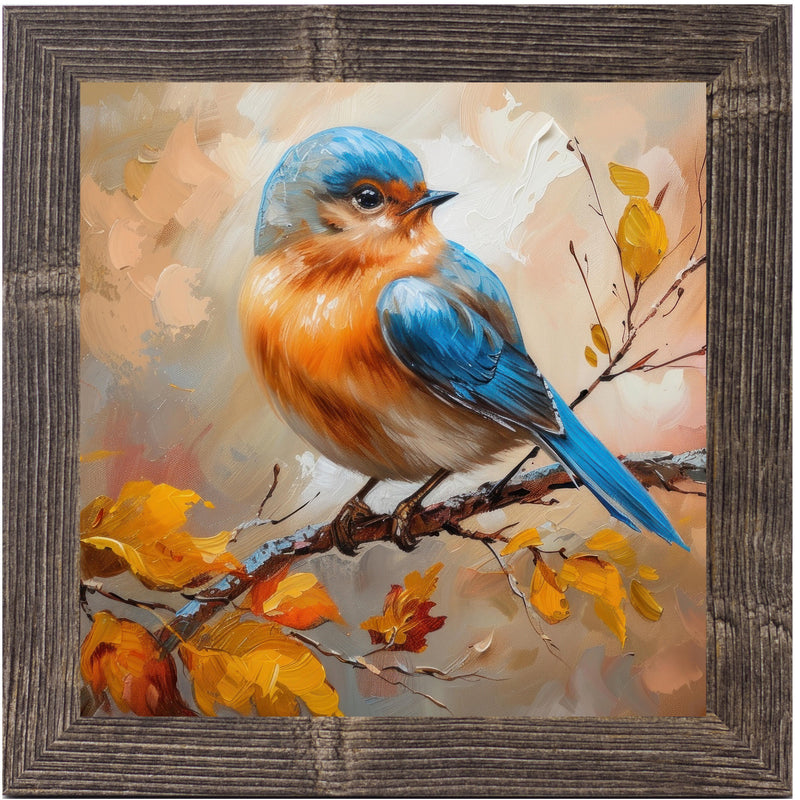 8x8 framed autumn bird art with orange and blue bird on branch. Watercolor fall background, no words, soft golden tones.