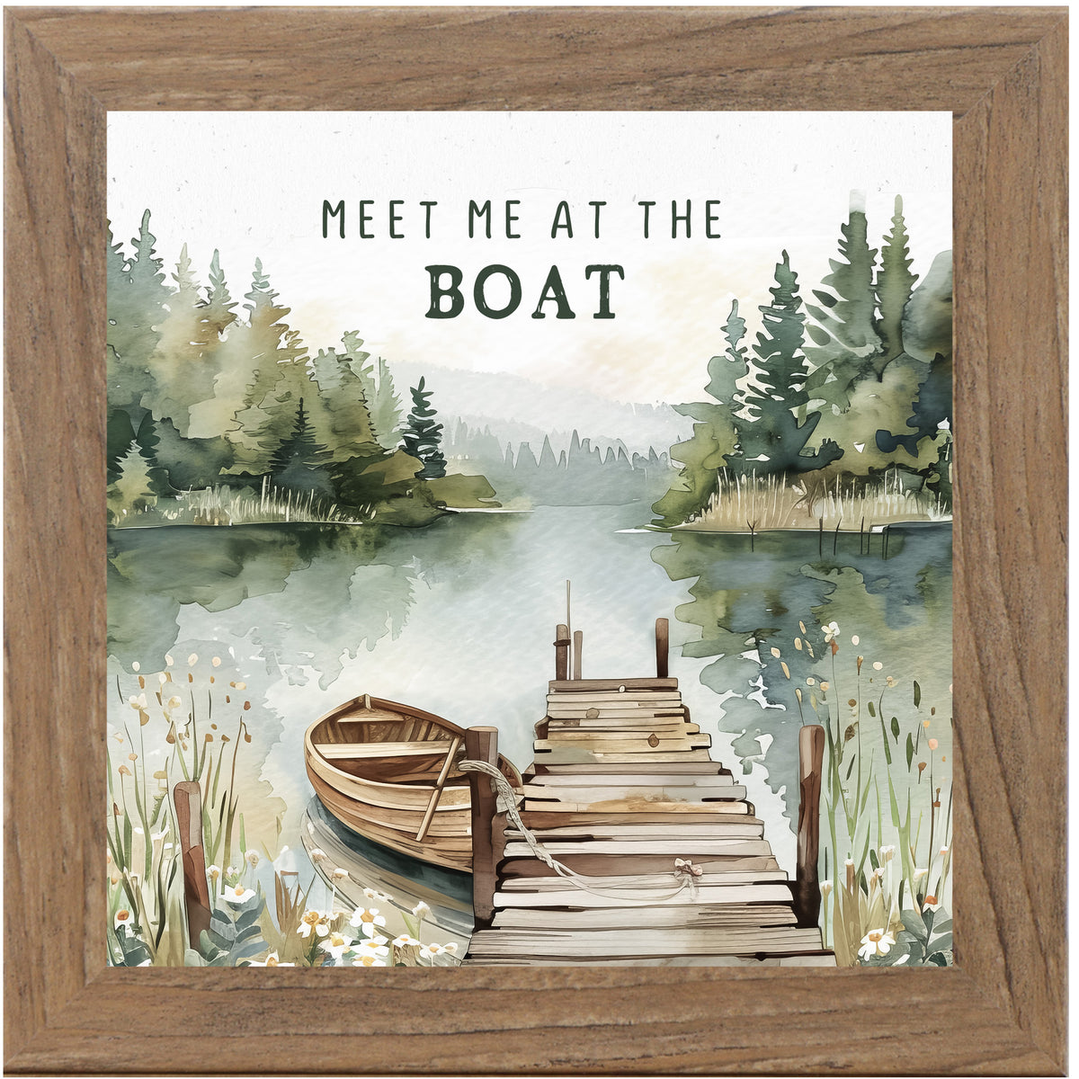 Watercolor lake scene with boat and pier, surrounded by cattails and green reflections – framed wall art by Summer Snow