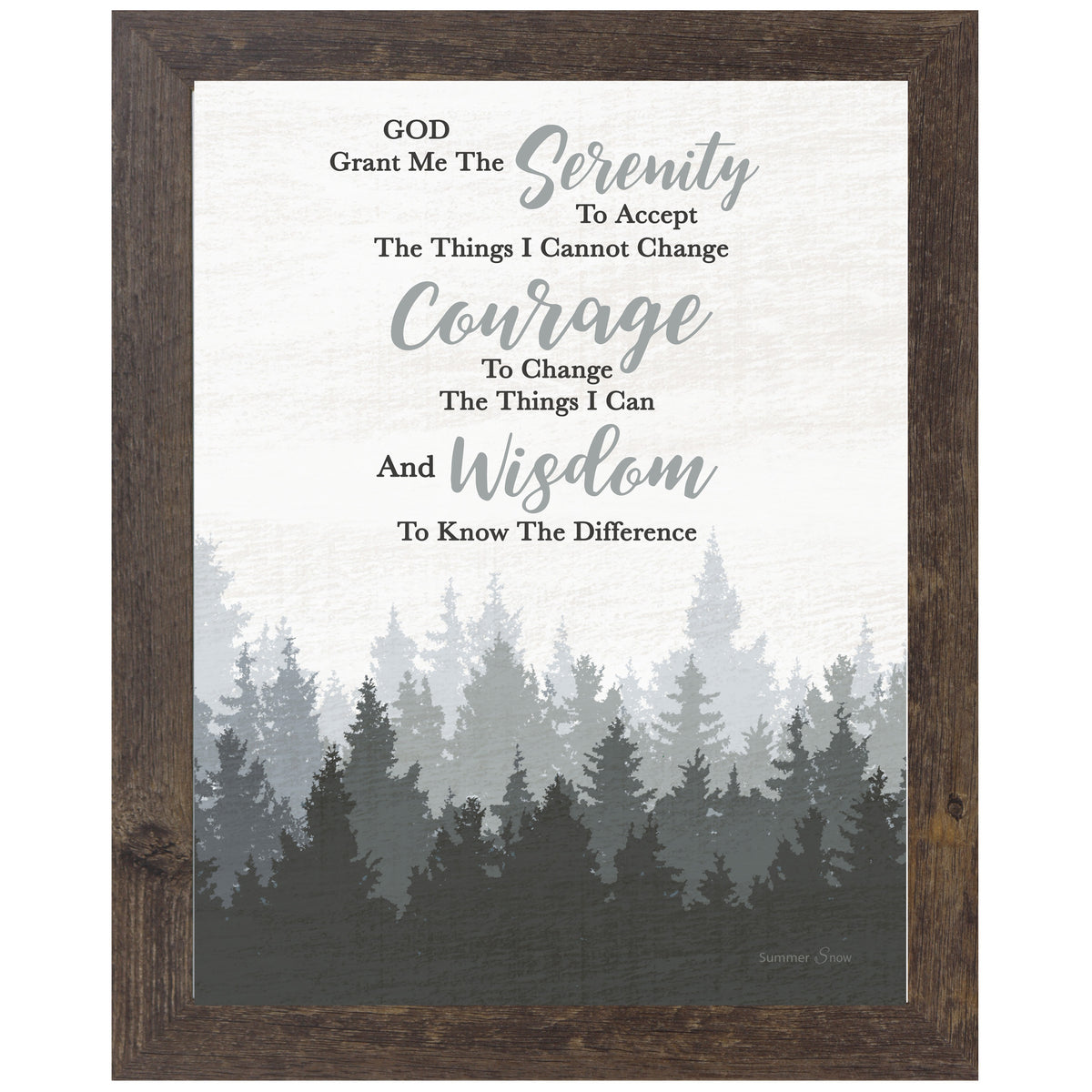 Framed Serenity Prayer art with muted watercolor trees fading into fog, full prayer text on a soft white background