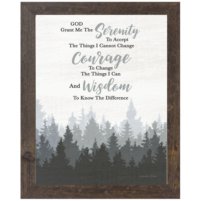 Framed Serenity Prayer art with muted watercolor trees fading into fog, full prayer text on a soft white background
