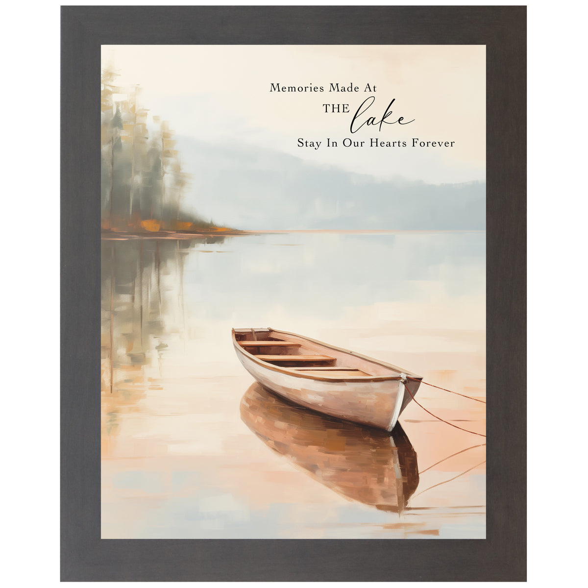 Framed watercolor lake scene with a boat tied to a hidden dock, warm reflections, and pine trees in the distance