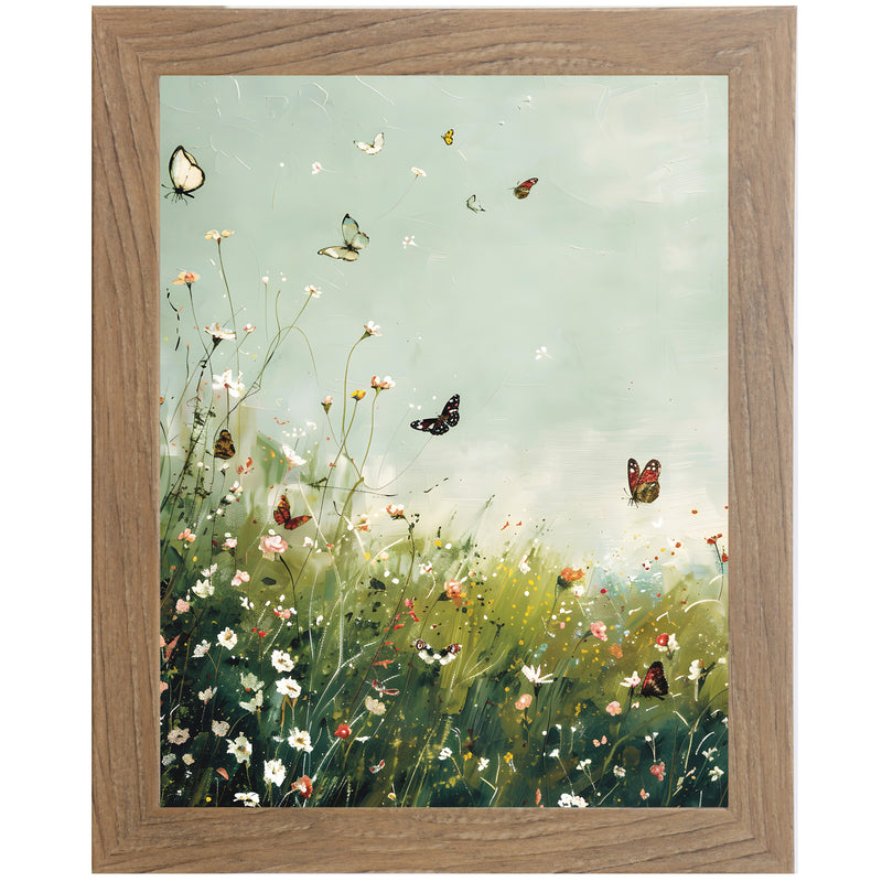 Framed watercolor art with butterflies flying over blooming flowers in tall green grass