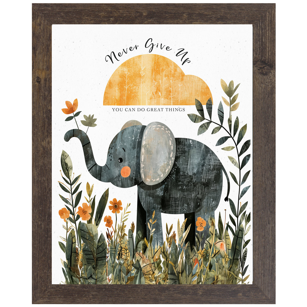Framed nursery wall art with whimsical elephant, sun, soft florals, and quote “Never Give Up – You Can Do Great Things”