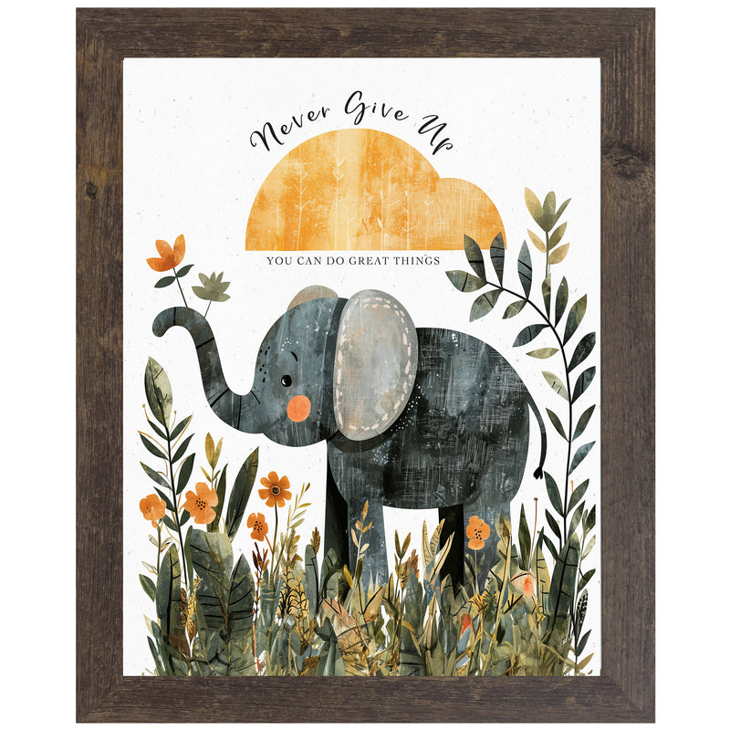 Framed nursery wall art with whimsical elephant, sun, soft florals, and quote “Never Give Up – You Can Do Great Things”