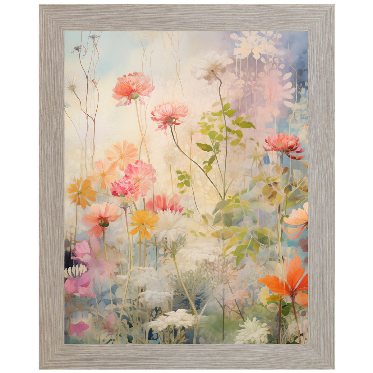 Framed watercolor floral print with soft pink and peach flowers, green leaves, and a light, airy background