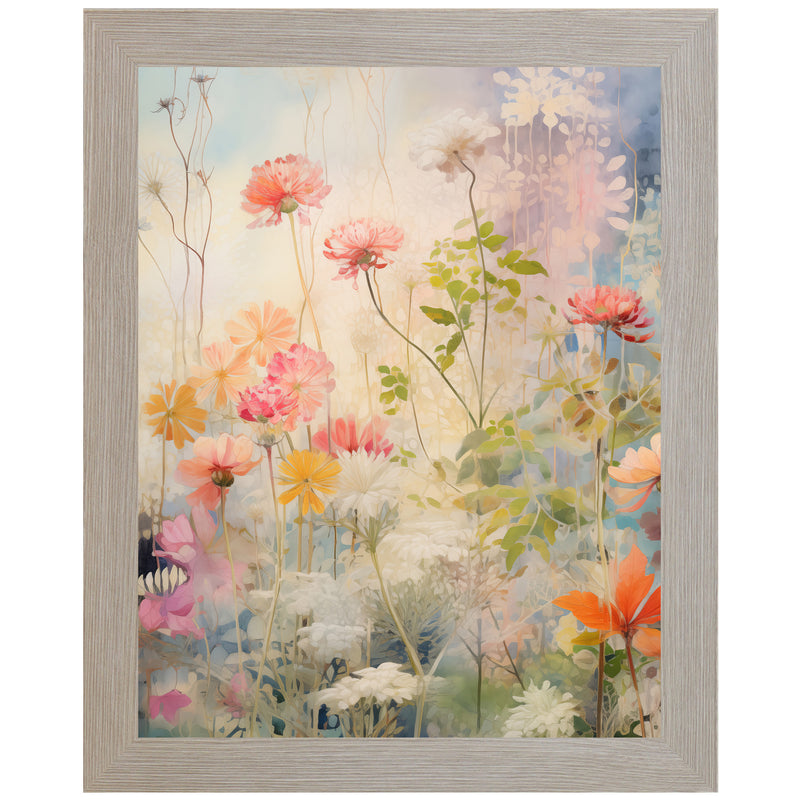 Framed watercolor floral print with soft pink and peach flowers, green leaves, and a light, airy background