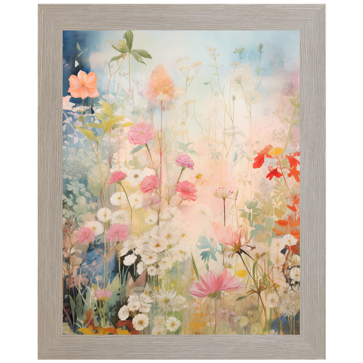 Framed watercolor art featuring soft pink and coral floral shapes with green leaves on a clean white background