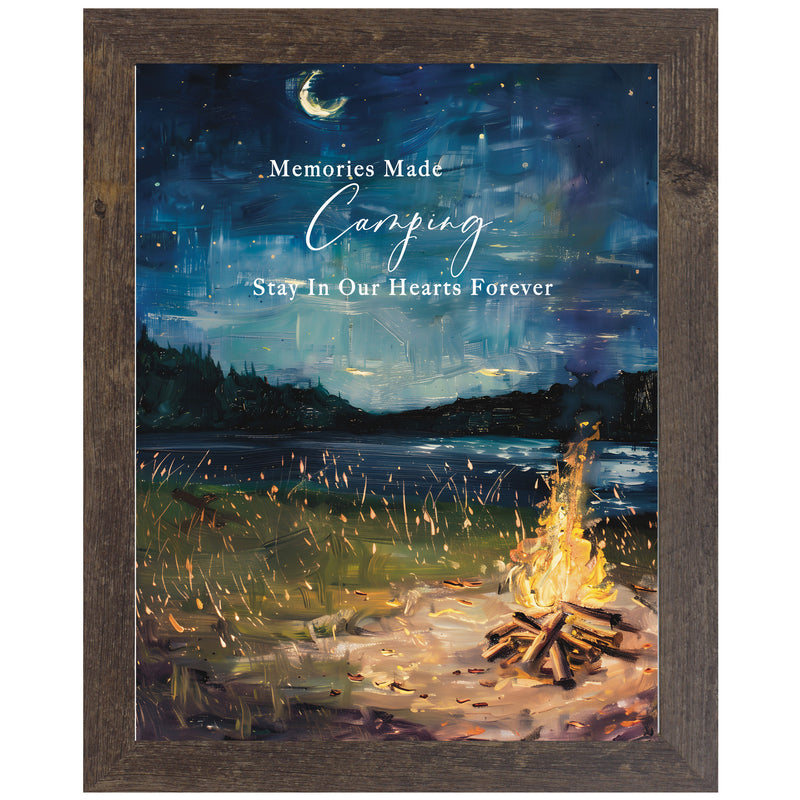 Framed camping wall art with campfire by lake, starry night sky, moon, and quote “Memories Made Camping Stay In Our Hearts Forever”