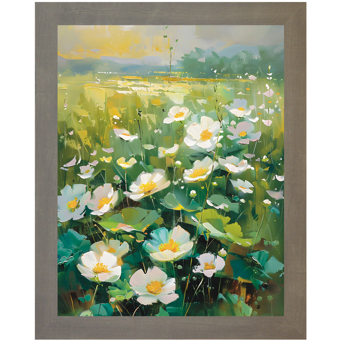 Framed abstract watercolor art of a wild green summer meadow with scattered yellow and white flowers