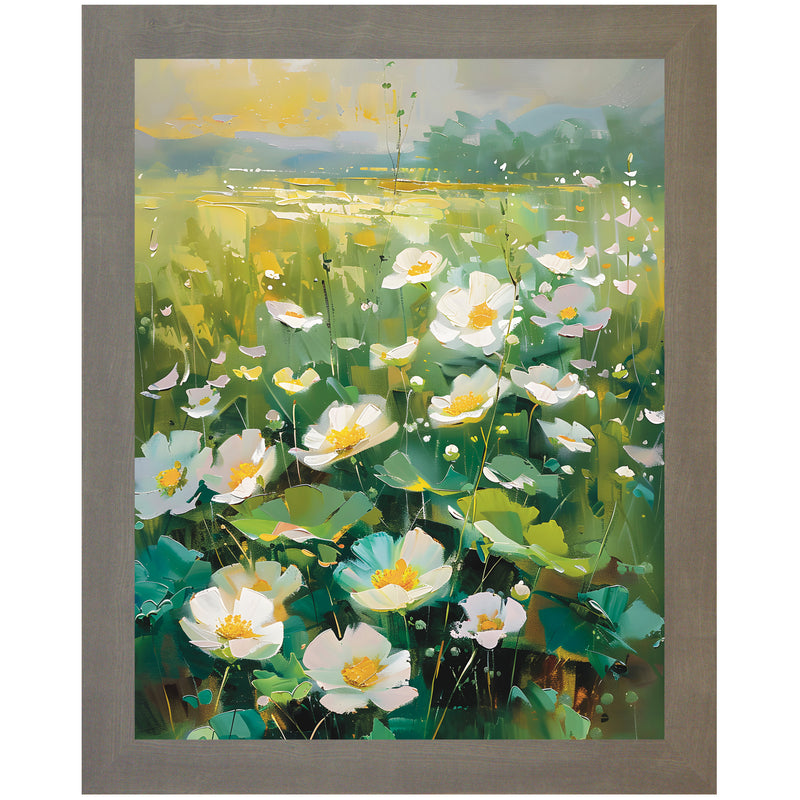 Framed abstract watercolor art of a wild green summer meadow with scattered yellow and white flowers