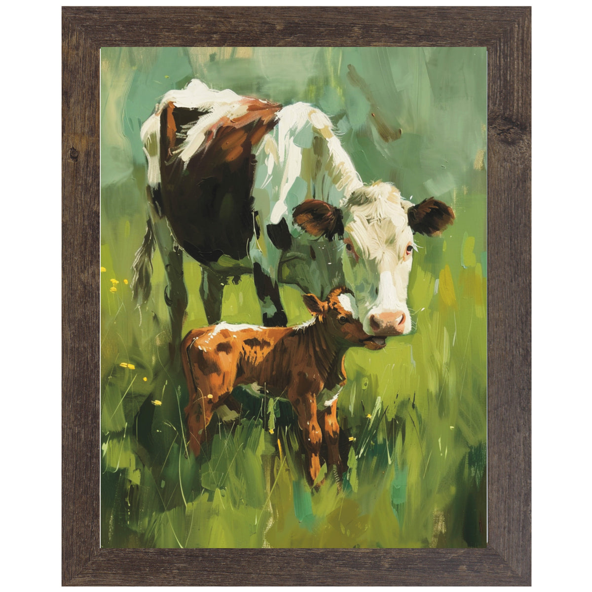 Framed watercolor art of two cows — one adult and one calf — standing in a bright green field with a soft, sunny background