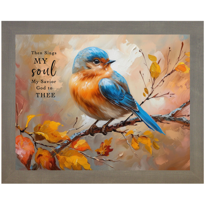 Framed fall watercolor art with orange and blue bird on branch, autumn leaves, and the hymn quote “Then Sings My Soul”