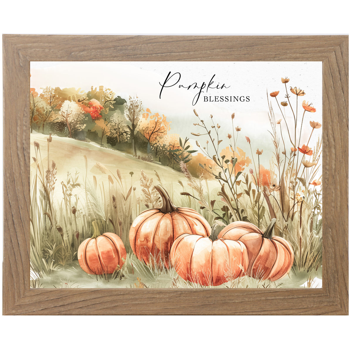 Framed fall wall art with pumpkins in foreground, colorful autumn trees, and the phrase “Pumpkin Blessings”