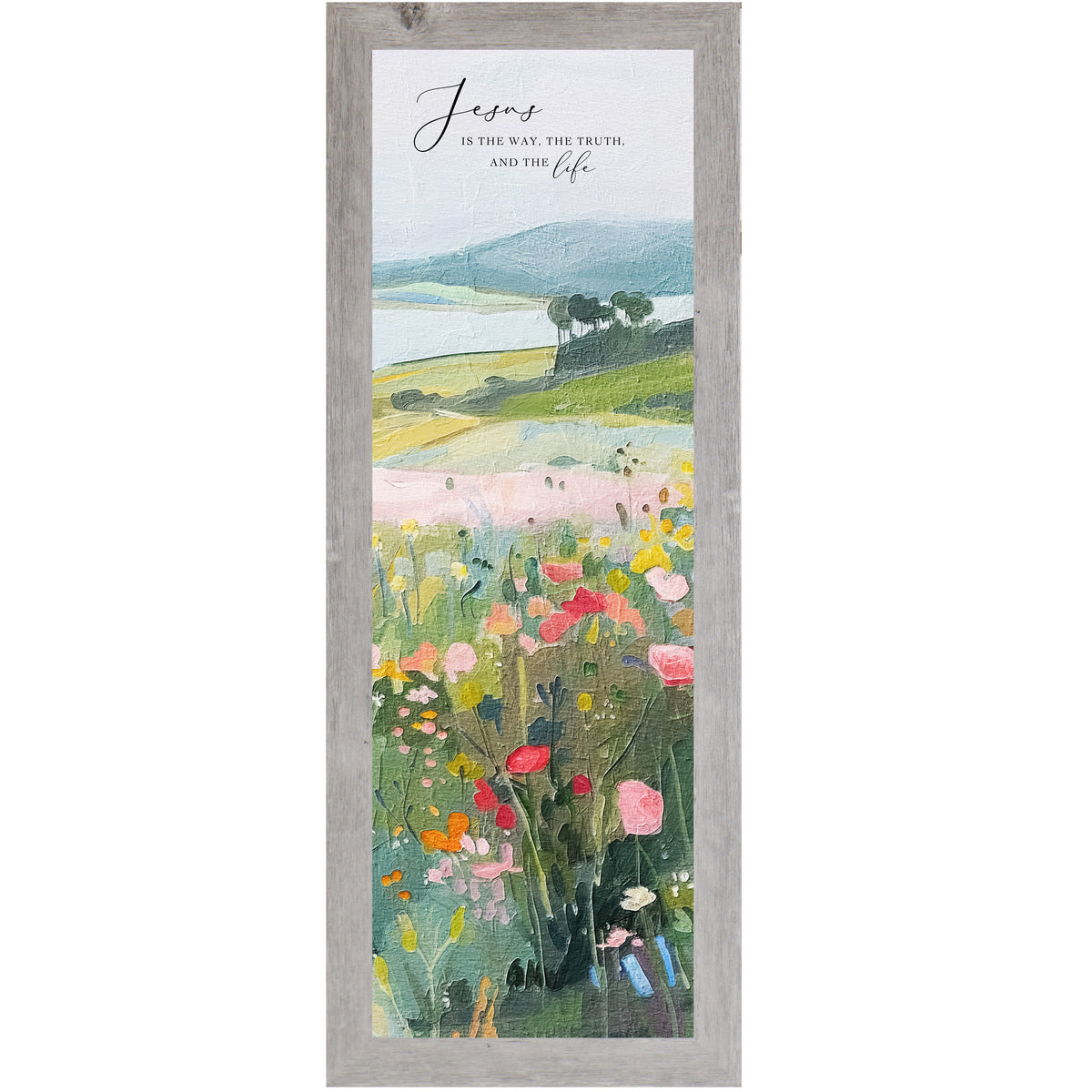 Christian framed art with the Bible verse “Jesus is the way, the truth, and the life” on a watercolor background of spring florals, hills, and distant water.