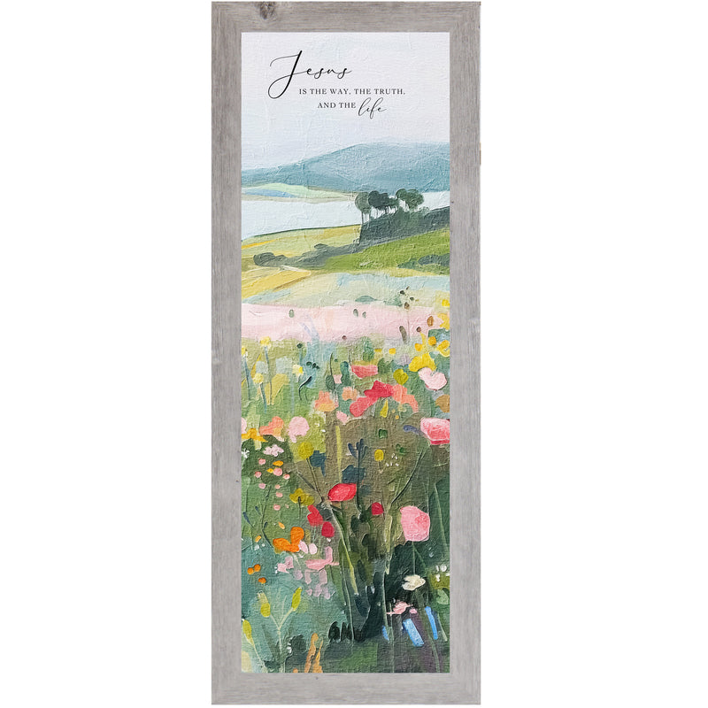 Christian framed art with the Bible verse “Jesus is the way, the truth, and the life” on a watercolor background of spring florals, hills, and distant water.