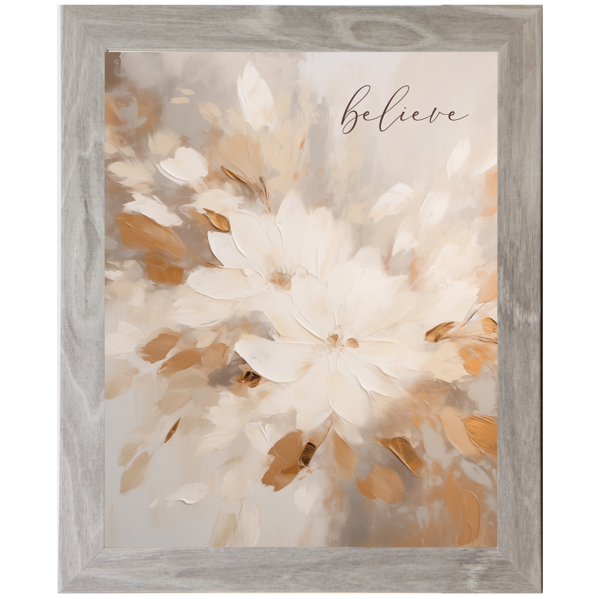 Believe – Neutral Floral Framed Wall Art (SN370) - Summer Snow Art