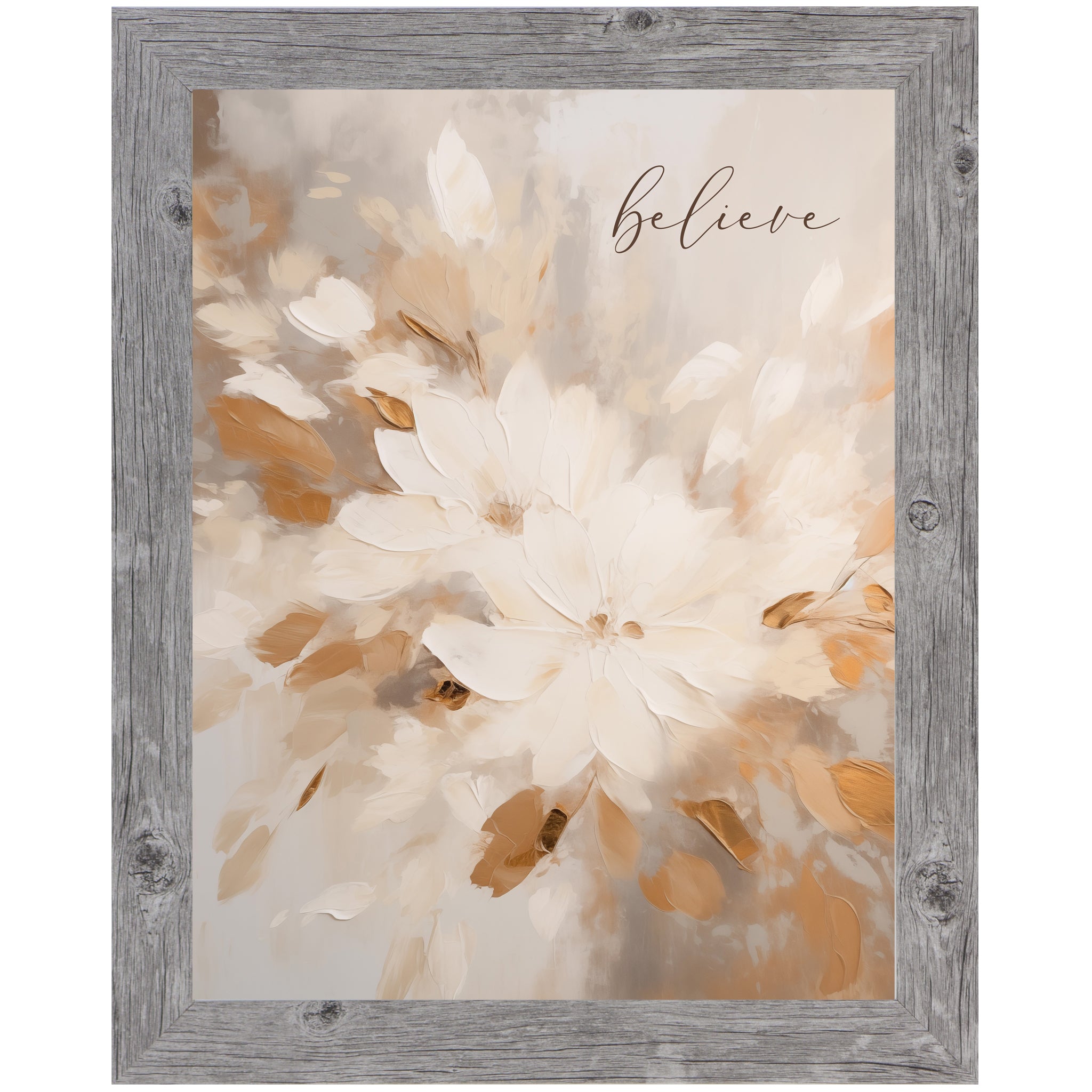Believe – Neutral Floral Framed Wall Art (SN370) - Summer Snow Art