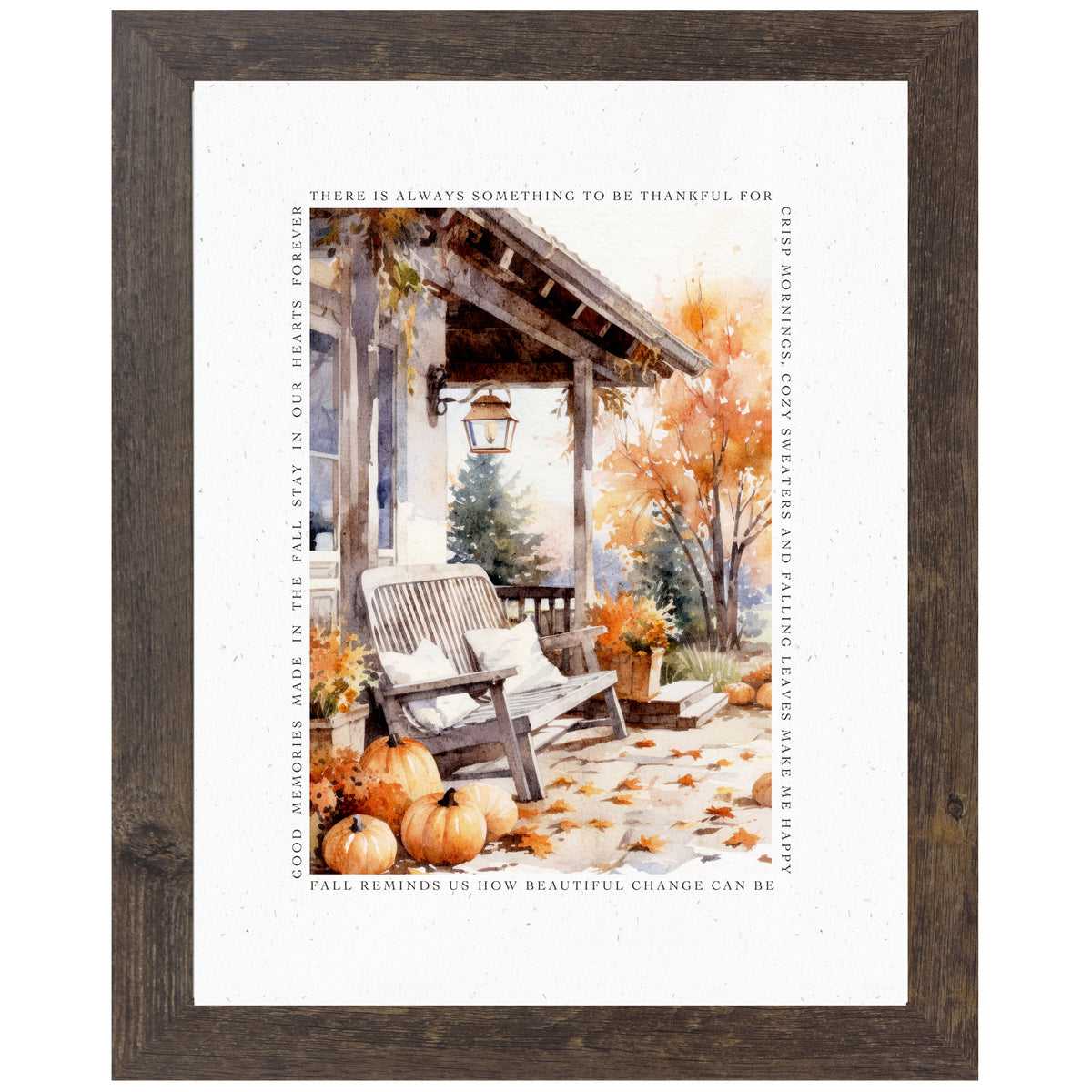 Framed fall wall art with porch scene, pumpkins, bench, fall trees, and the quote “Fall Reminds Us How Beautiful Change Can Be” with a white matte