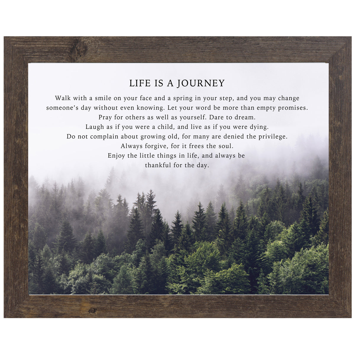 Framed forest wall art with fog-covered treetops and full quote “Life Is a Journey” in a peaceful, neutral style