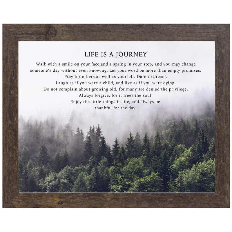 Framed forest wall art with fog-covered treetops and full quote “Life Is a Journey” in a peaceful, neutral style