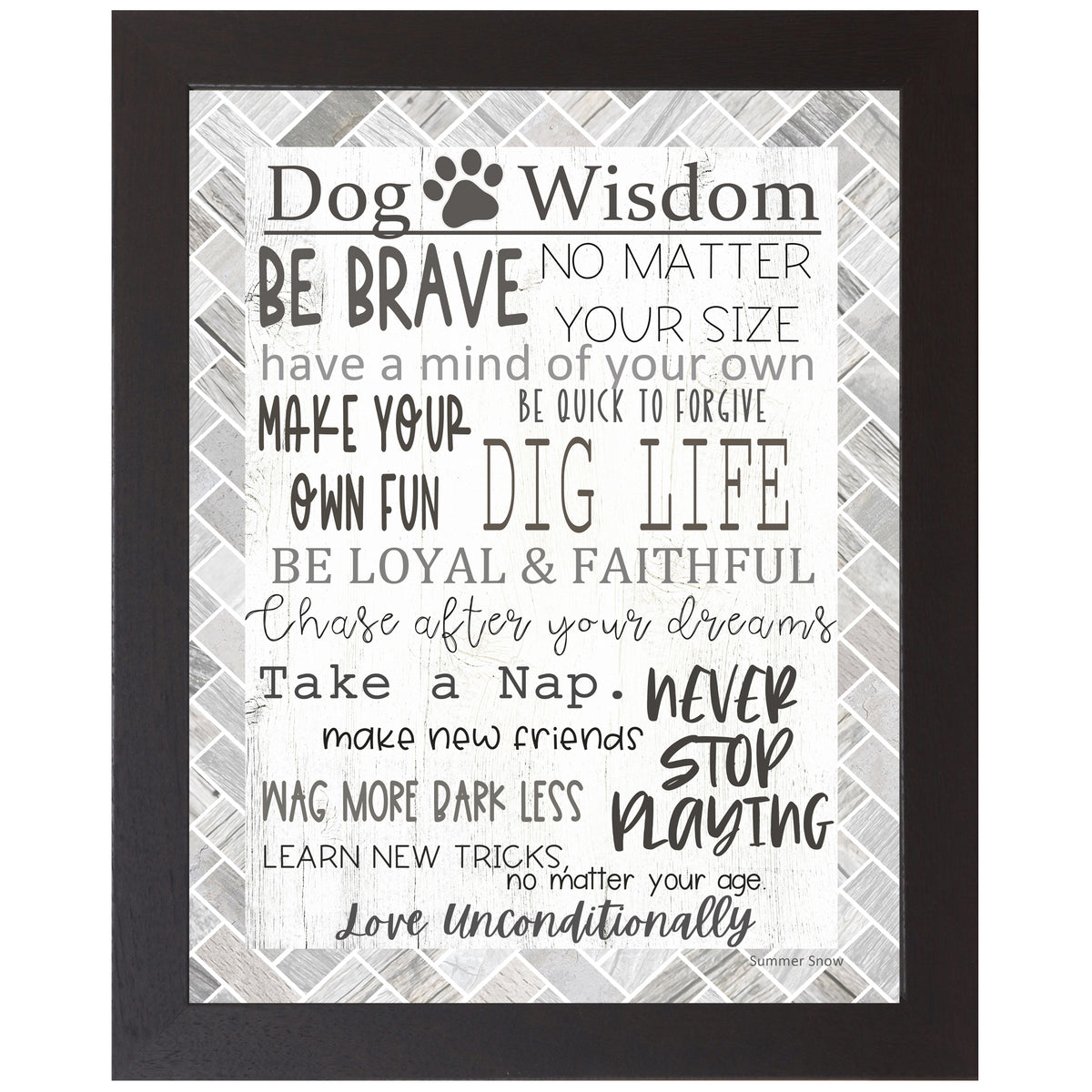 Framed dog lover wall art with energetic layout of dog-inspired sayings and a soft gray and white background