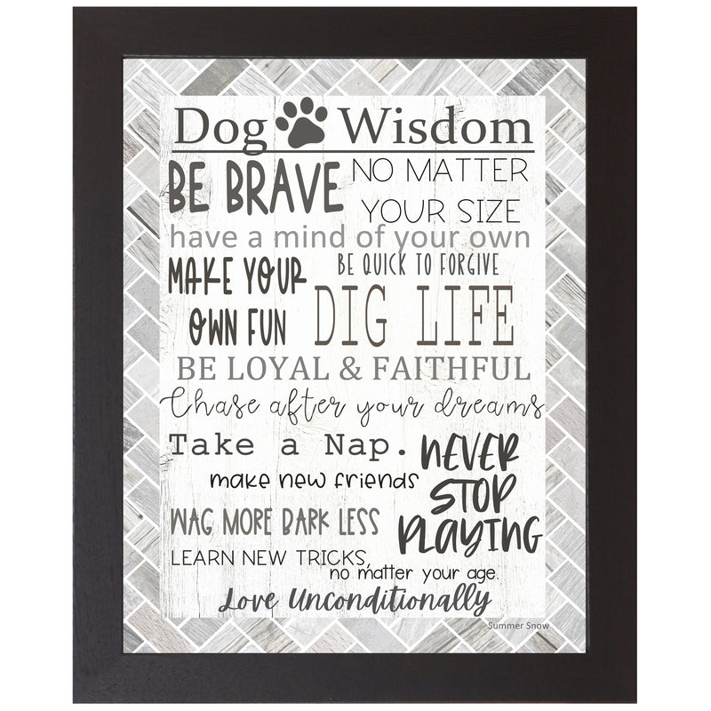 Framed dog lover wall art with energetic layout of dog-inspired sayings and a soft gray and white background