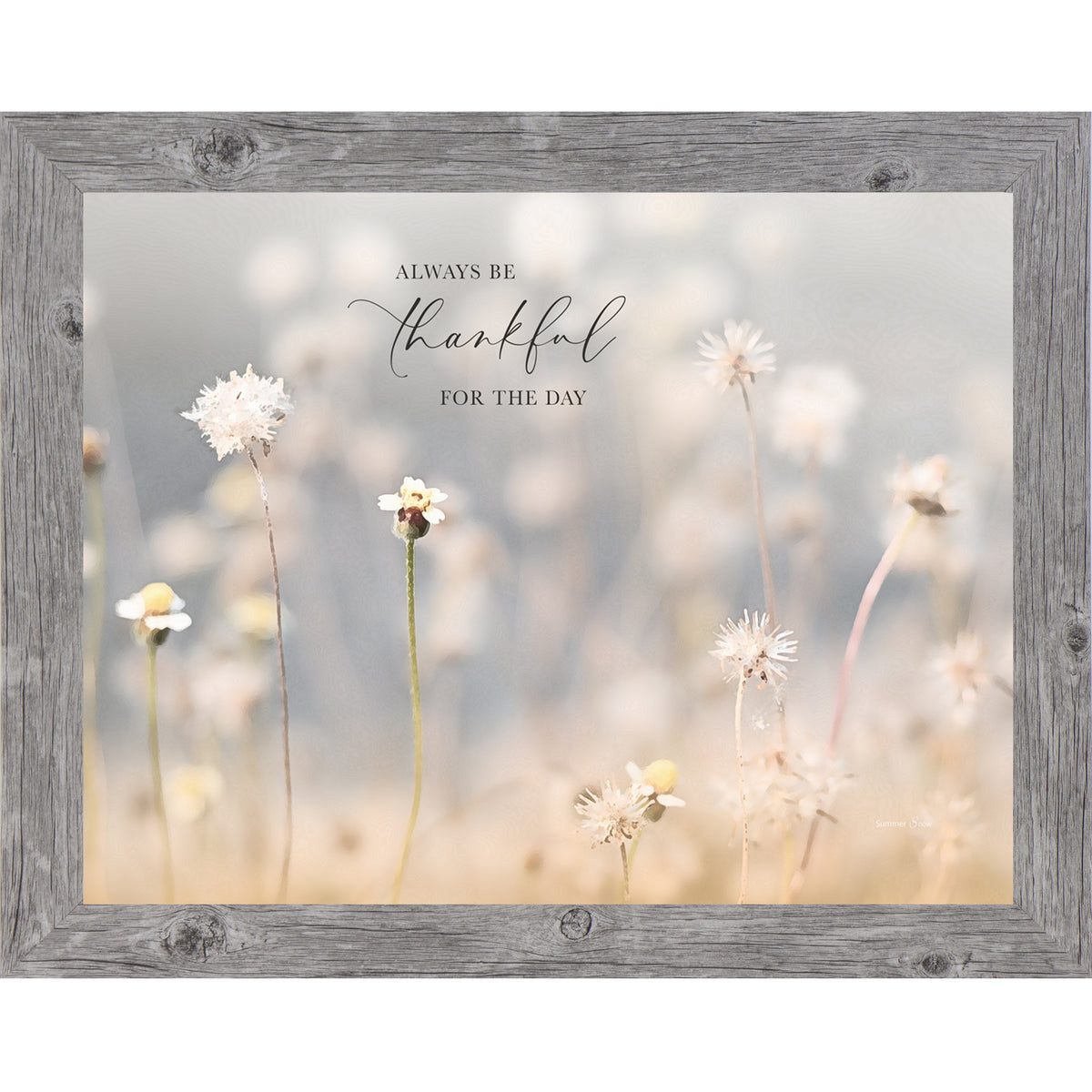 Framed spring floral wall art with soft dandelion blooms and glowing background. Multiple inspirational quotes available.