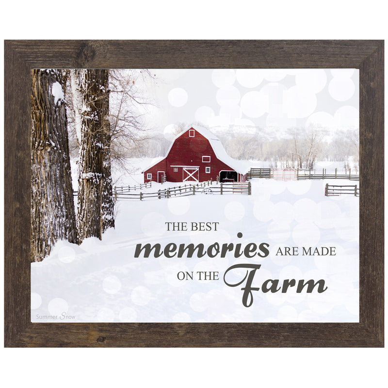 Framed winter farm wall art with snowy trees, red barn, and quote “The Best Memories Are Made on the Farm”
