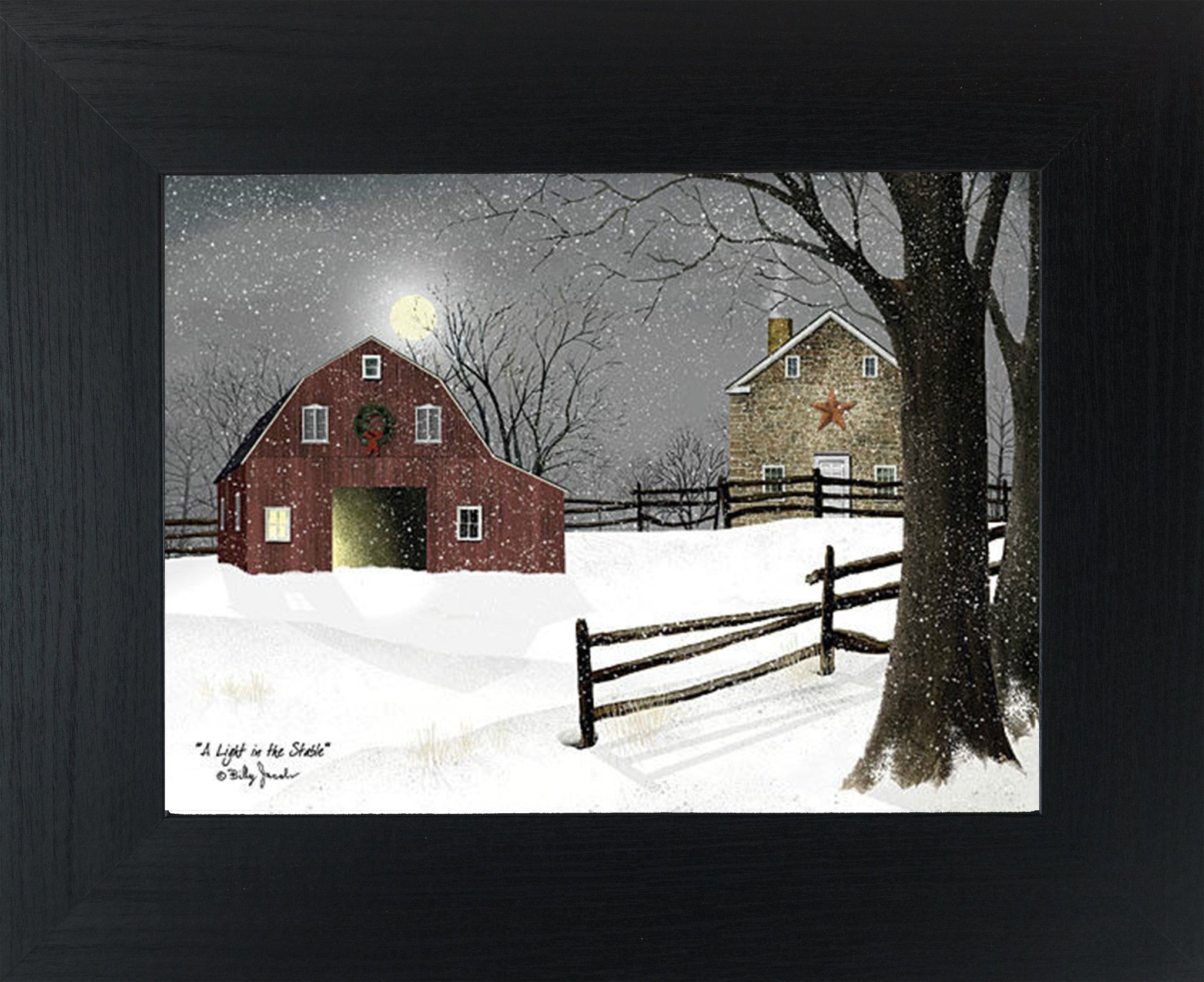 Winter farm framed wall art by Billy Jacobs featuring a snowy farmhouse and barn glowing with warm light, traditional Americana Christmas decor