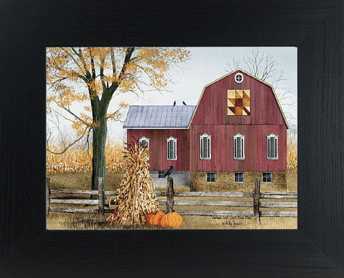 Fall farmhouse framed wall art by Billy Jacobs featuring a red barn with a quilt block, pumpkins by a fence, and a cornfield in an autumn farm scene
