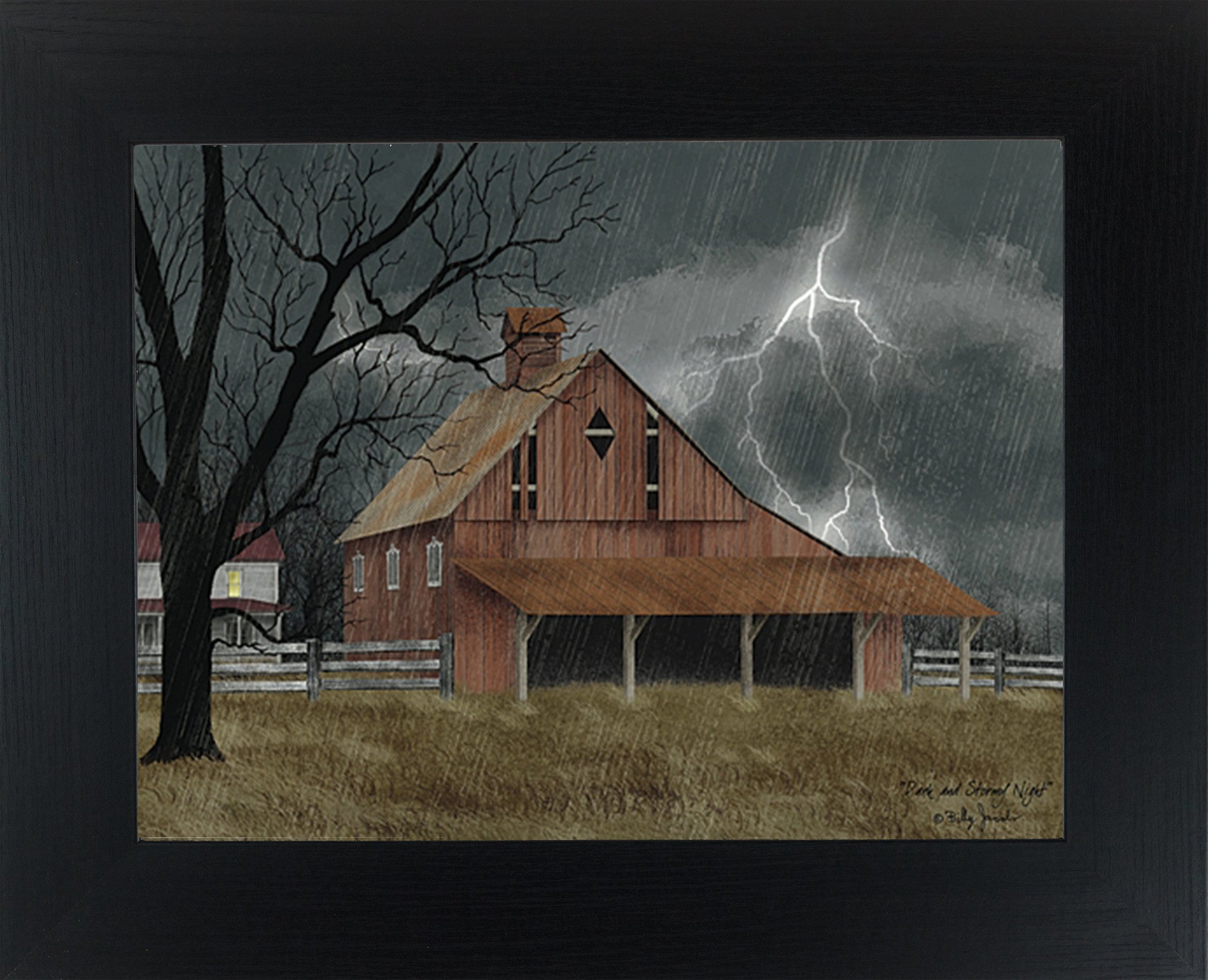 Moody country barn wall art by Billy Jacobs featuring a stormy night with rain, lightning, and a farmhouse glowing in the distance