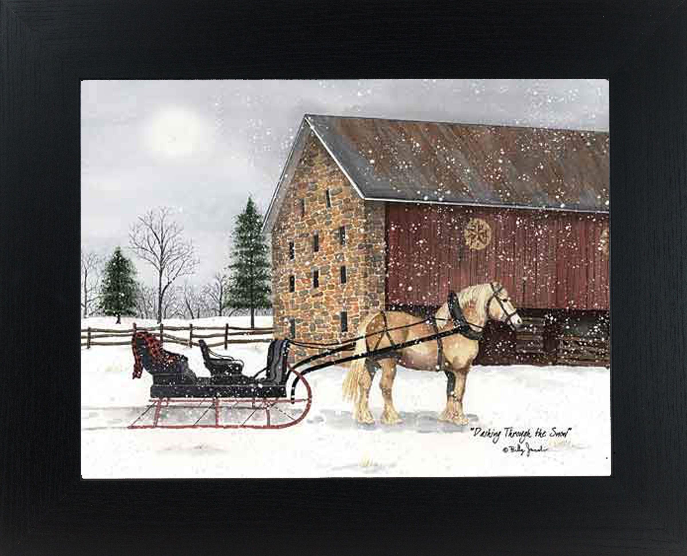 Winter farm framed wall art by Billy Jacobs featuring a snowy barn scene with a draft horse pulling a sleigh through falling snow, classic Americana decor