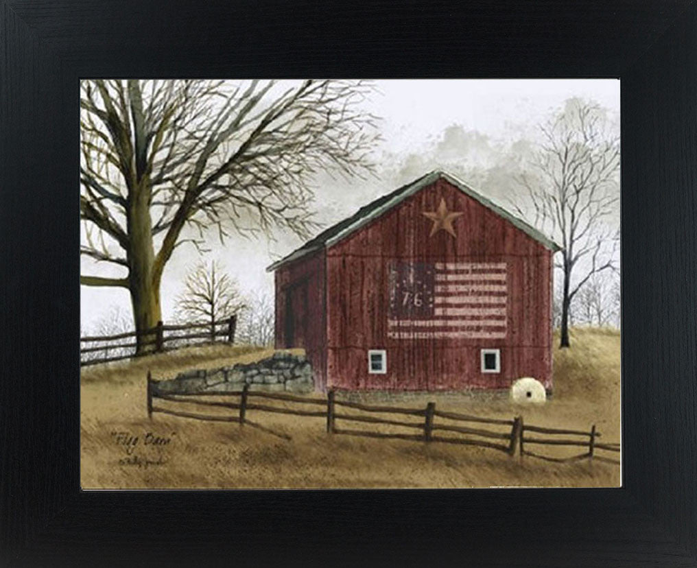 Framed Americana farm wall art by Billy Jacobs showing a red barn with a vintage American flag marked “76,” a gold star, rustic wooden fence, winding grass path, and bare trees in the background.
