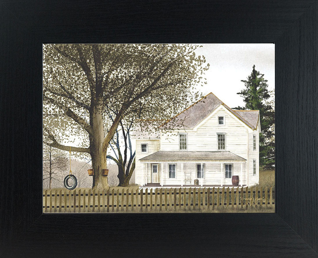 Country farmhouse wall art by Billy Jacobs featuring Grandma’s house with a tire swing, wooden fence, and springtime rural scenery