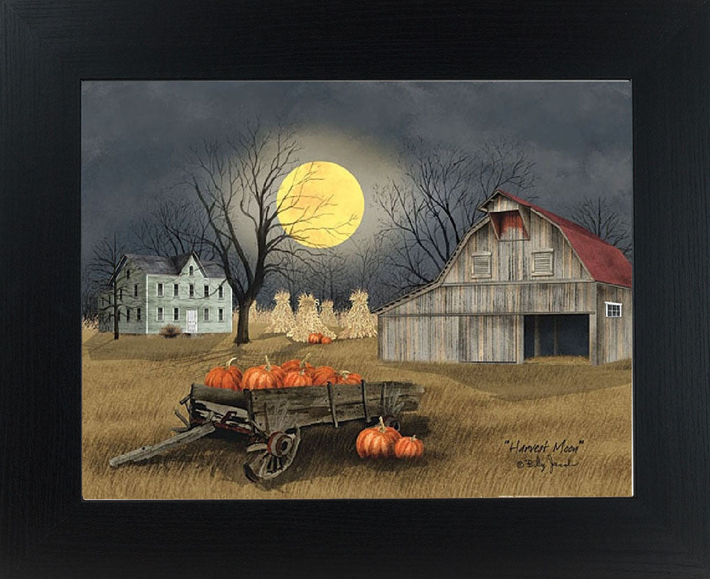 Fall farmhouse framed wall art by Billy Jacobs featuring a large yellow harvest moon over a barn, pumpkins in a wagon, and bare trees in an autumn night scene
