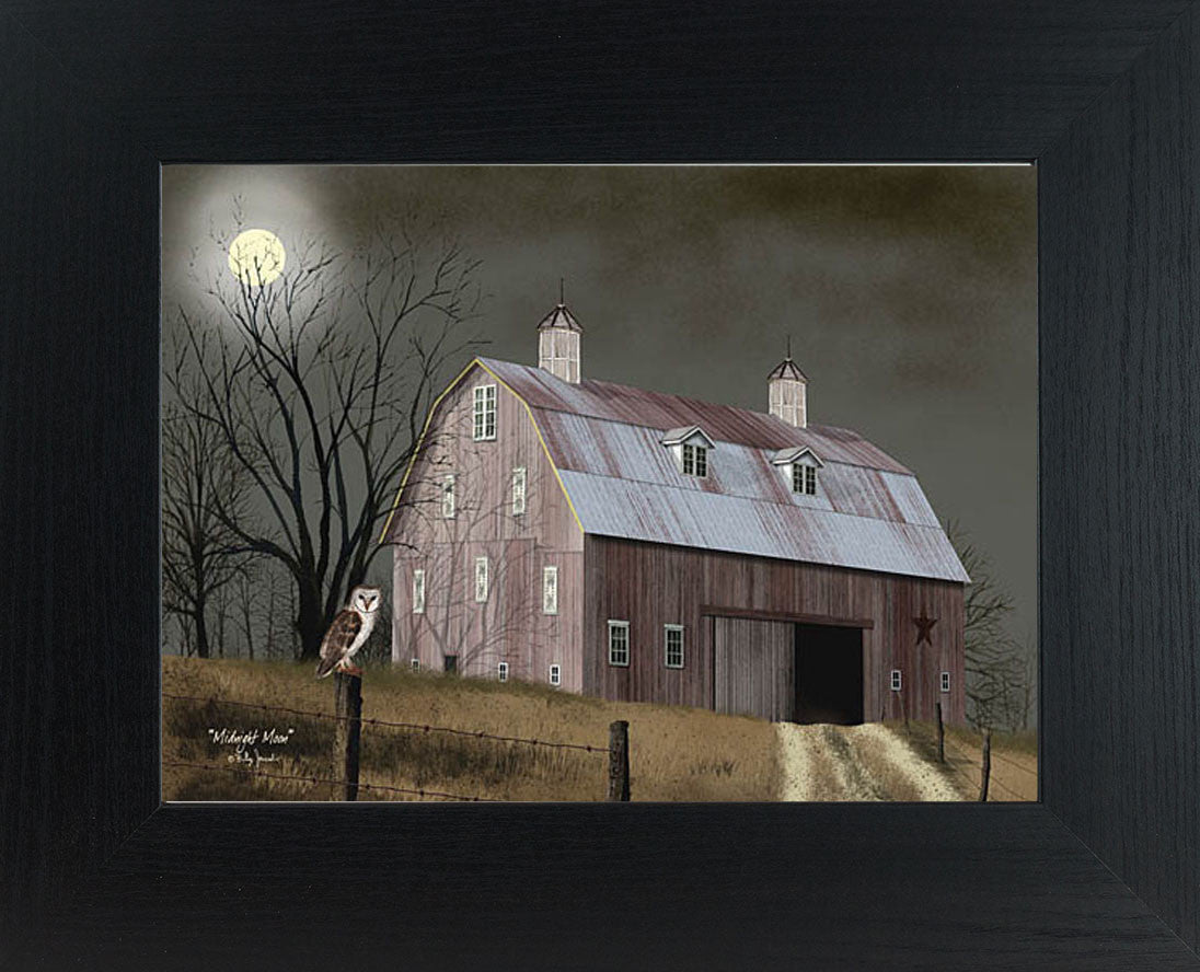 Framed night farm wall art by Billy Jacobs showing a red barn with an open door under a full moon, a leafless tree, dirt path, wire fence, and an owl perched on a fence post.