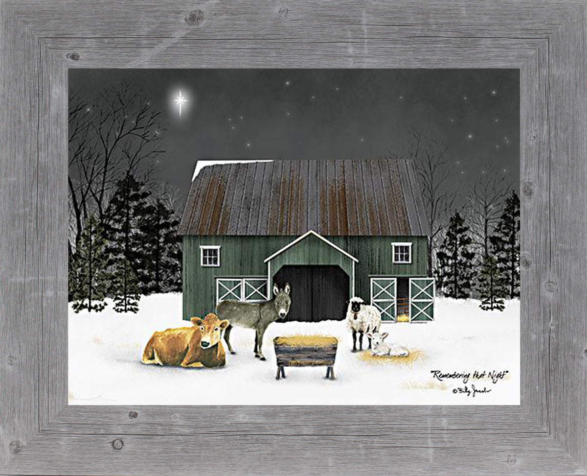 Winter nativity framed wall art by Billy Jacobs featuring a manger scene outside a barn with animals under a peaceful night sky, Christmas faith decor