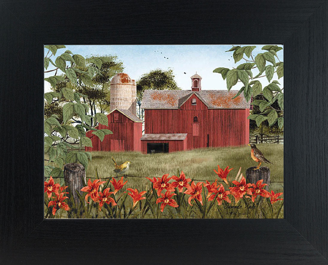 Summer farm framed wall art by Billy Jacobs featuring a red barn, fence with birds, flowers, and green vines in a peaceful country landscape