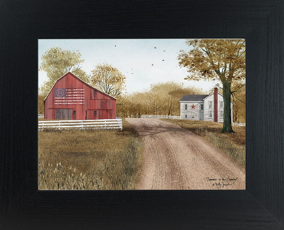 Framed summer farmhouse wall art by Billy Jacobs showing a red barn with an American flag, dirt driveway, white fence, farmhouse with a primitive star, and lush green countryside.